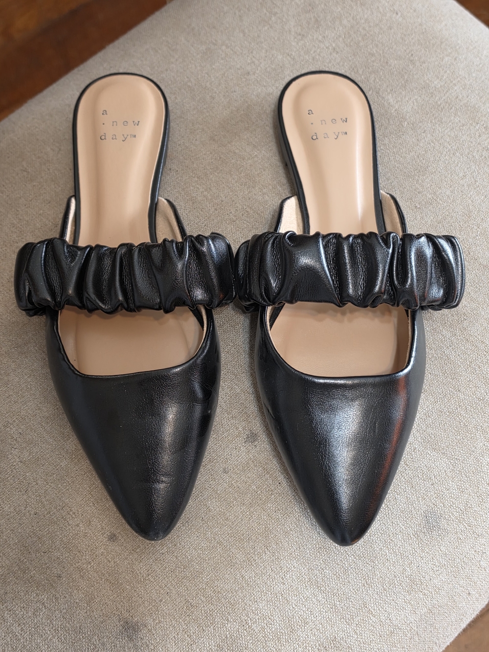 a new day Black Ruched Strap Pointed Slip-On Mules